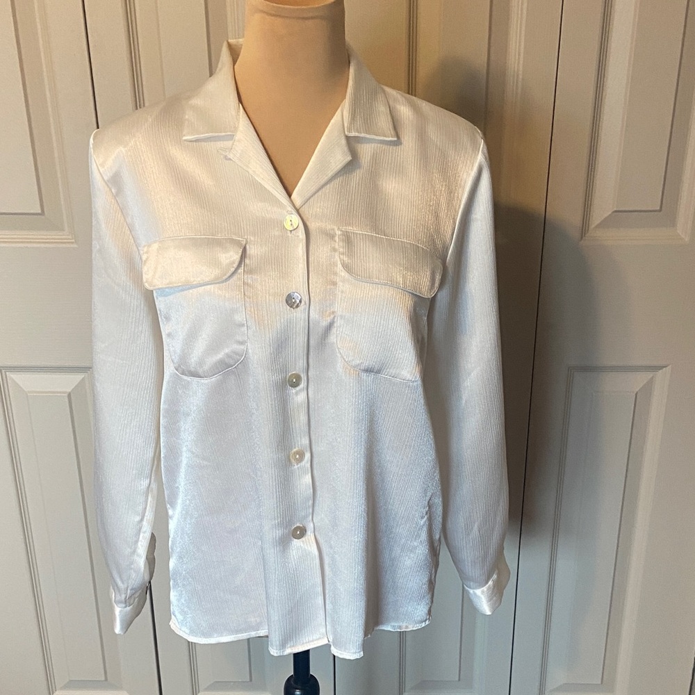 Vintage Lauren Lee Long Sleeve Button Front Ivory Blouse Shoulder Pad Women's 10